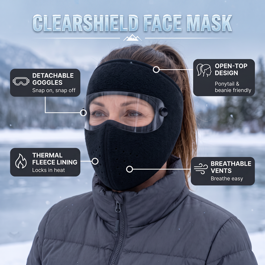 ClearShield Face Mask – Windproof Fleece Face Cover with Detachable Goggles